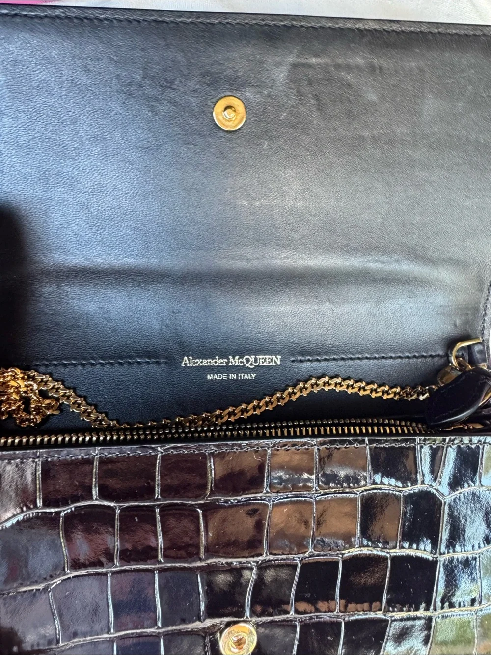 Alexander McQueen Black Patent Croc-Embossed Chain Wallet with Gold Skull Accent